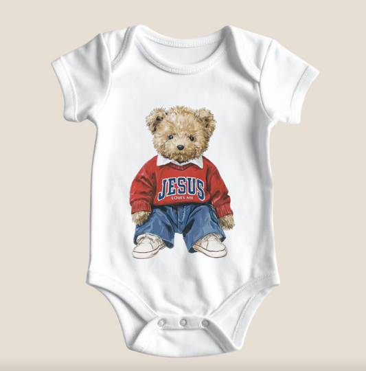Jesus Loves Me Bear Baby Bodysuit